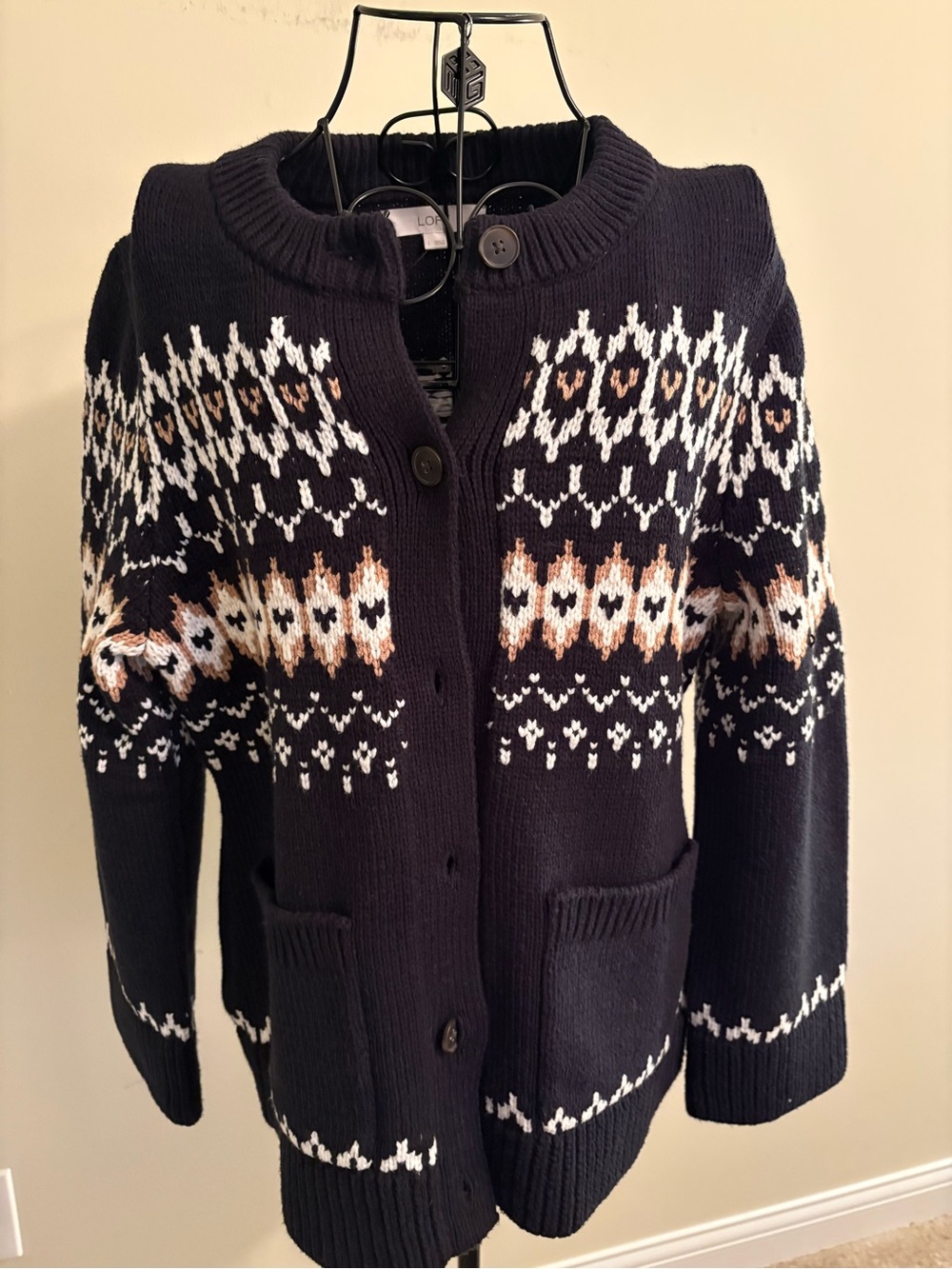 LOFT Black Fair Isle Button-Front Cardigan with White and Brown Accents
